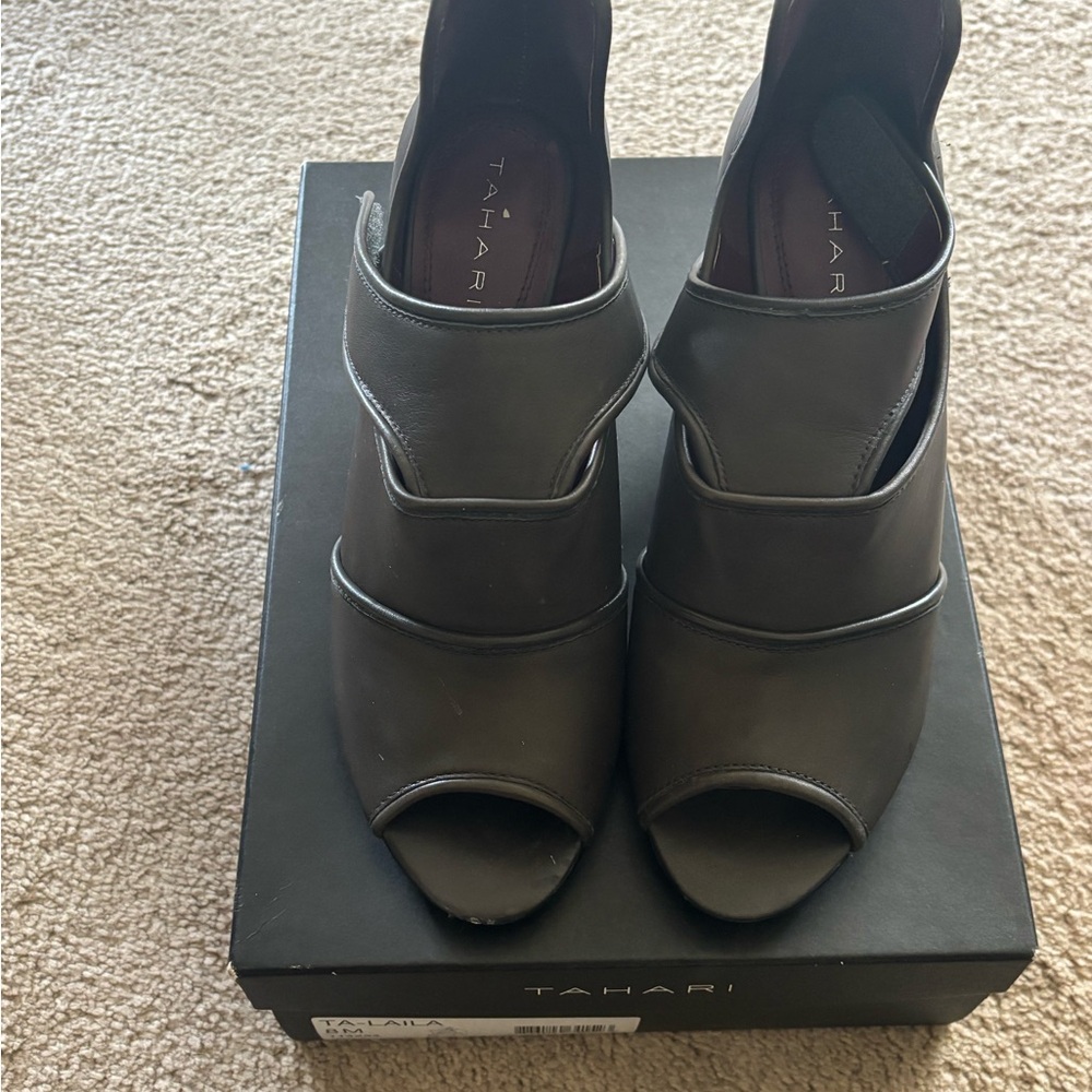 Tahari Black Open-Peep Toe Leather Heels